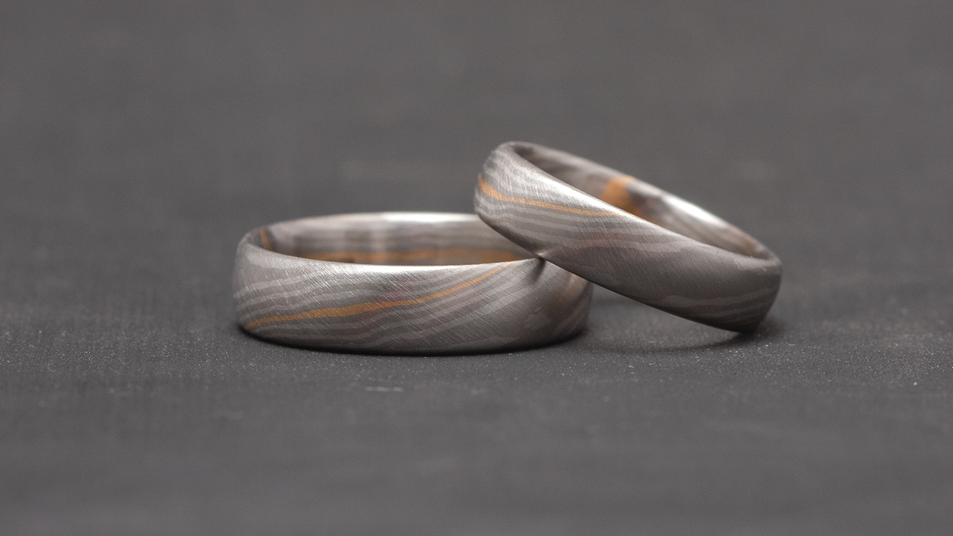 Mokume Gane Trauringe Modell Luna – Puristische Eleganz aus Platin und Palladium – handgefertigt in Berlin