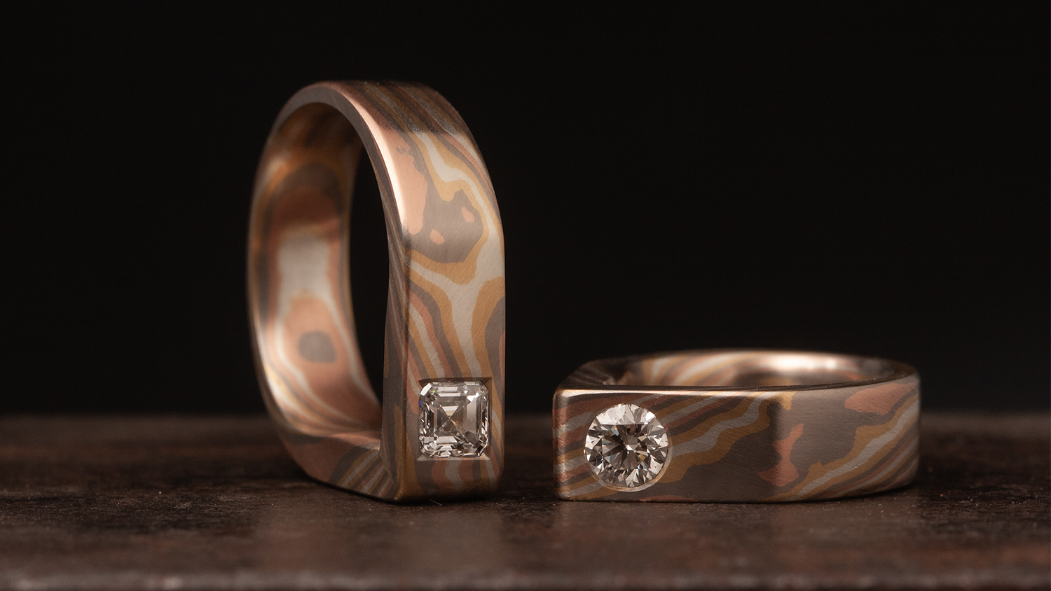 DropC Mokume-Gane-Ringe mit unterschiedlichen Brillantschliffen